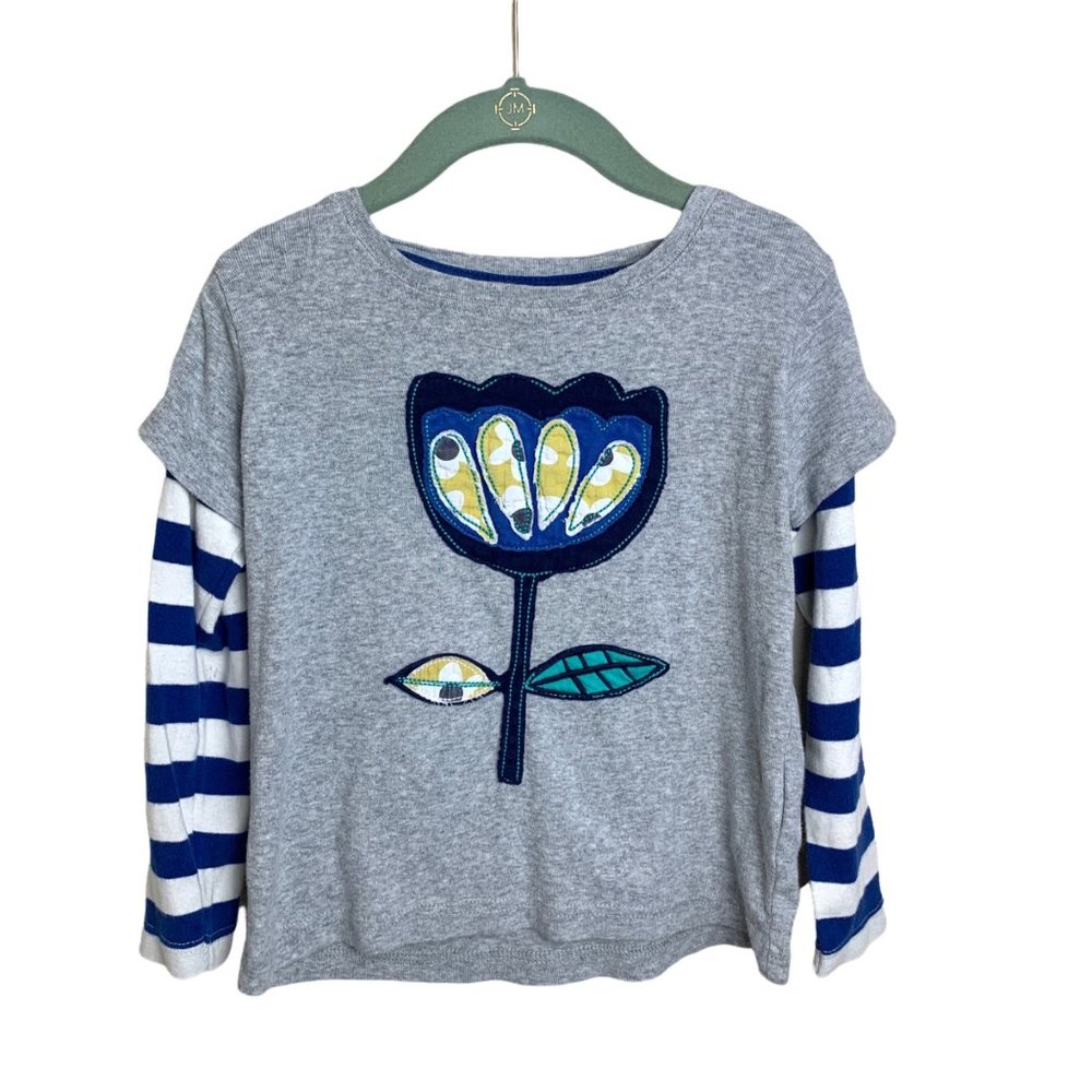 Mini Boden Flower Applique Faux Layered Long Sleeve Tee Shirt Size 3-4
